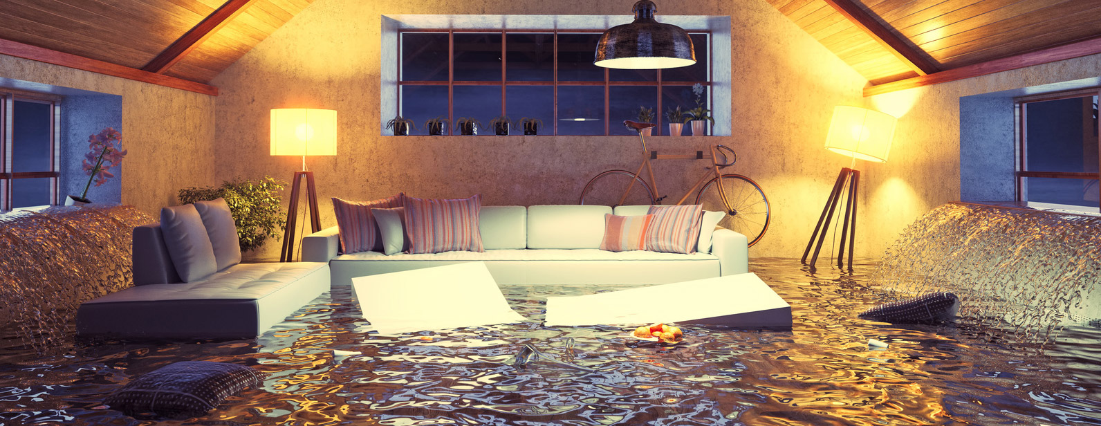 Furnished room standing in flood water