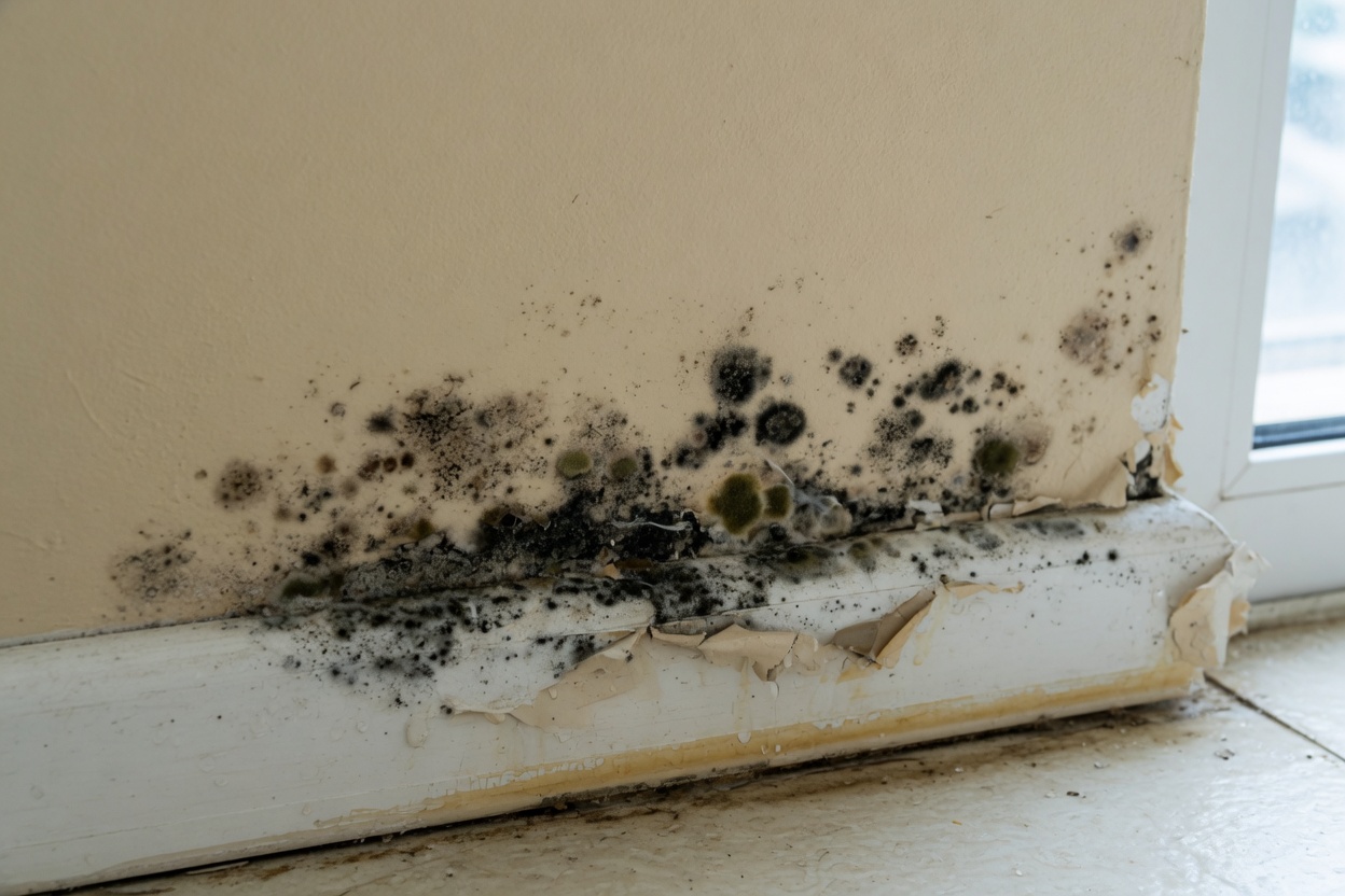 Mold colonies along a baseboard after a leak